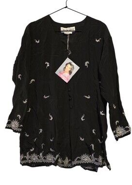 Vintage DVF Silk Tunic Black White Embeoidered NWT Size XS